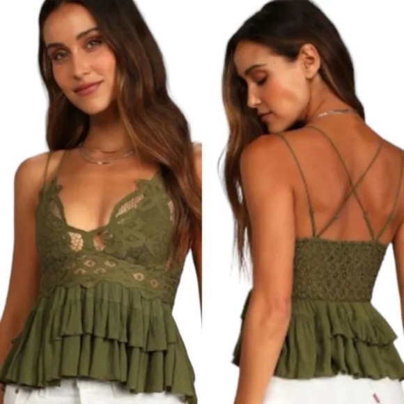 NWT Free People Adella Lace Cami Top - Olive Sparrow - Picture 1 of 9